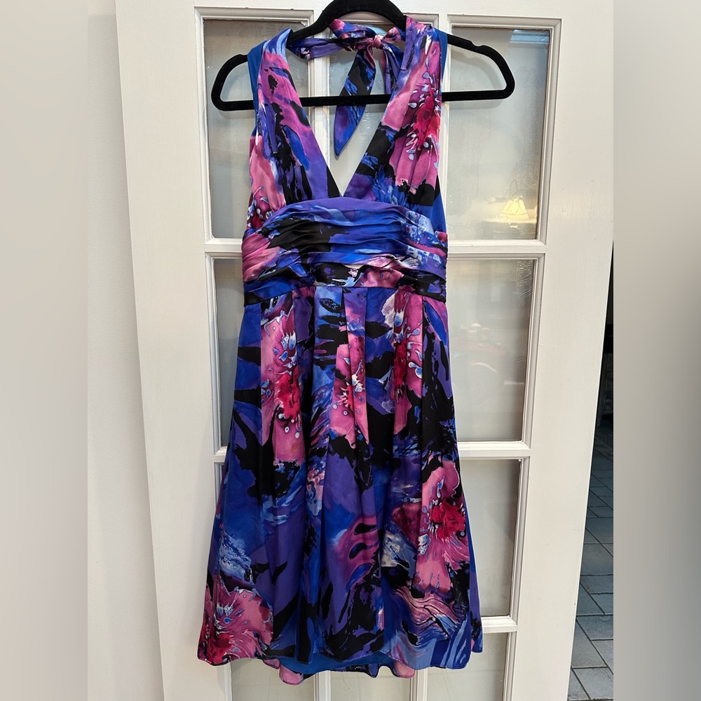 Adrianna Papell Occasions Watercolor Floral Silk Halter Fit Flare Dress Size 12